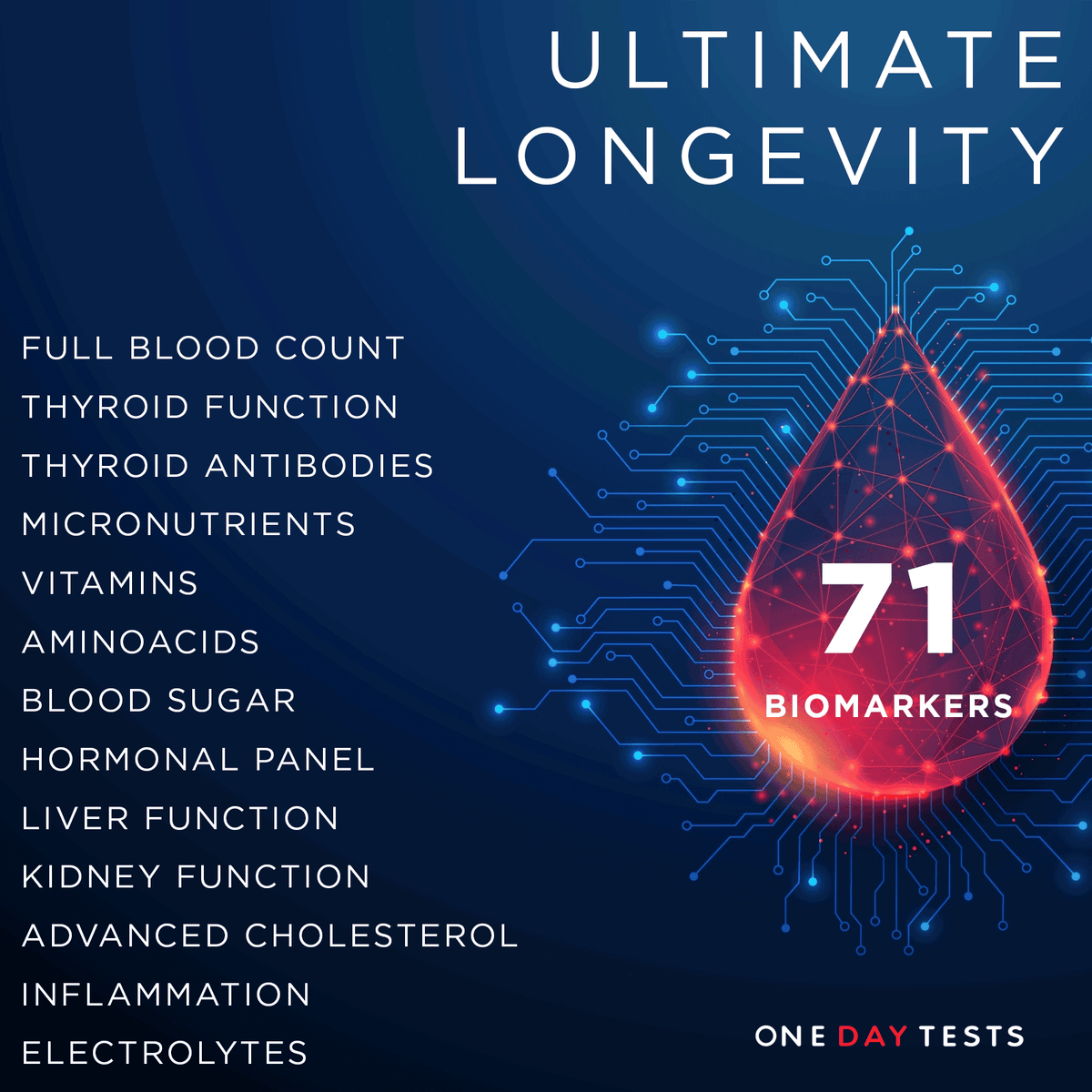 Longevity Blood Test | 70+ Biomarkers | Full Health Check — onedaytests.com